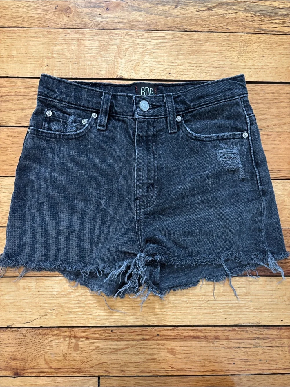 BDG Washed Black High-Rise Frayed Denim Shorts